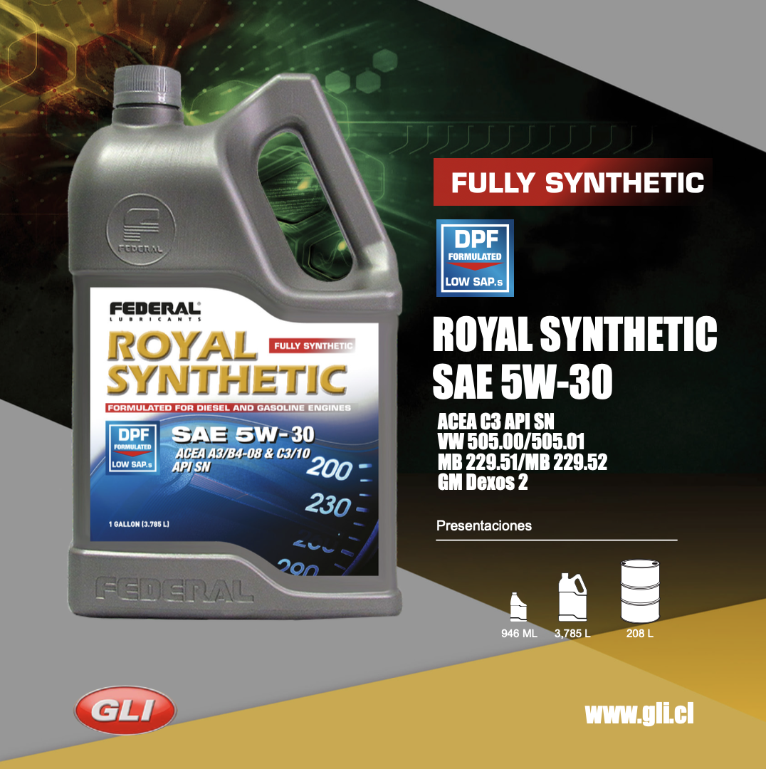 ROYAL SYNTHETIC SAE 5W-30 ACEA C3 API SN VW 505.00/505.01 MB 229.51/MB 229.52 GM Dexos 2